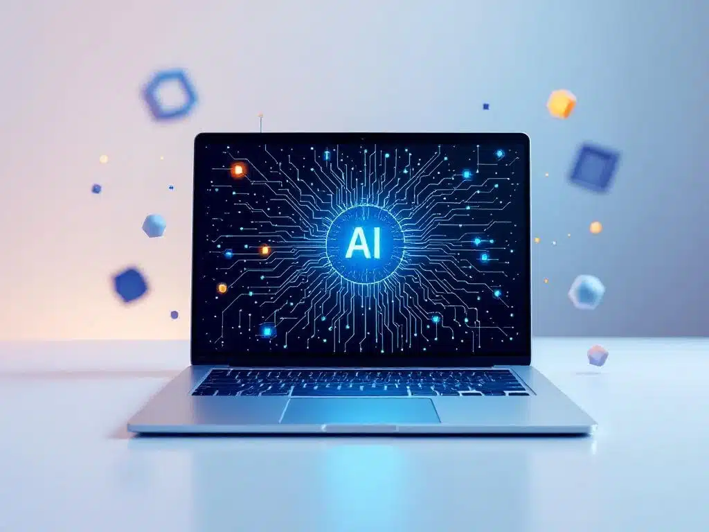 Moderne laptop met gloeiende AI-circuitpatronen op scherm, omringd door blauwe en oranje geometrische vormen op witte achtergrond