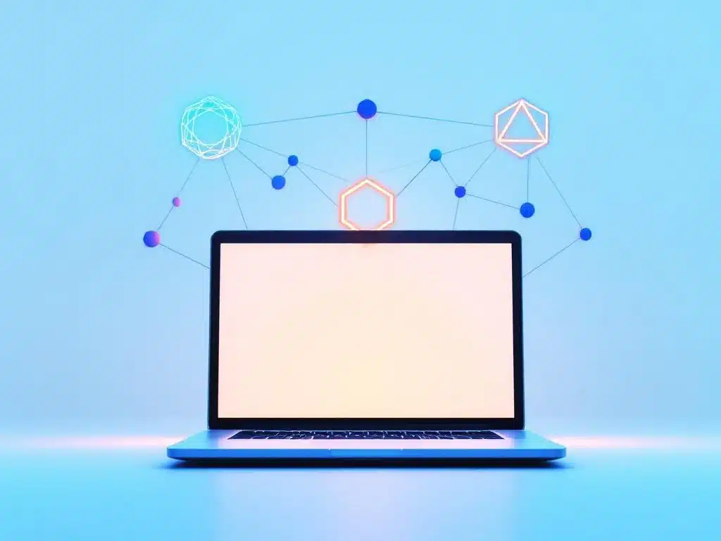 Laptop silhouet met zwevende geometrische vormen die AI-mogelijkheden vertegenwoordigen, minimalistisch ontwerp voor IT-training
