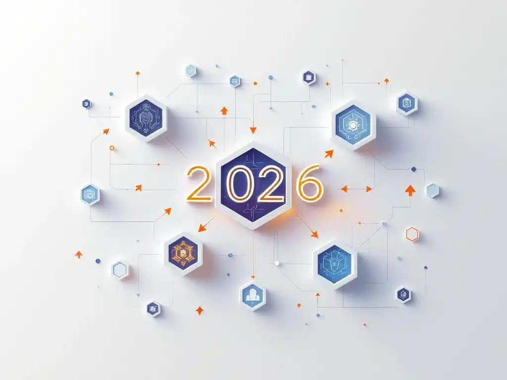 Geometrische hexagonale modules met AI-circuits convergeren naar 2026, getoond in blauwe en oranje kleuren op witte achtergrond.