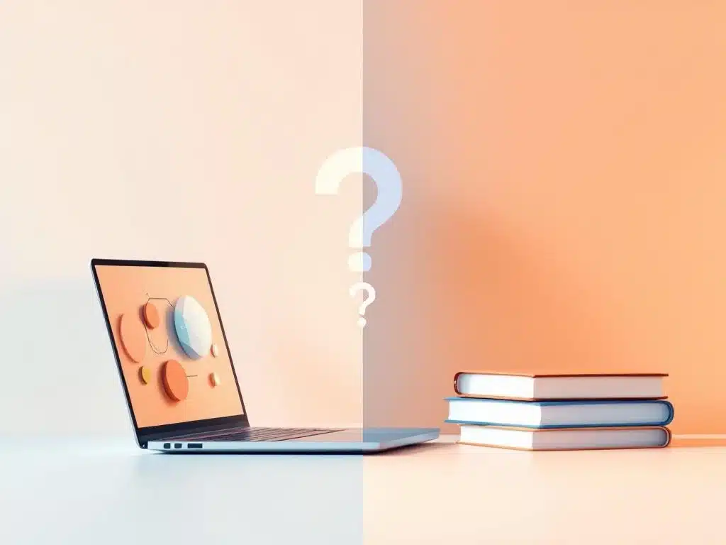 Laptop met AI-interface naast traditionele studieboeken, gescheiden door vraagteken in blauw-wit design