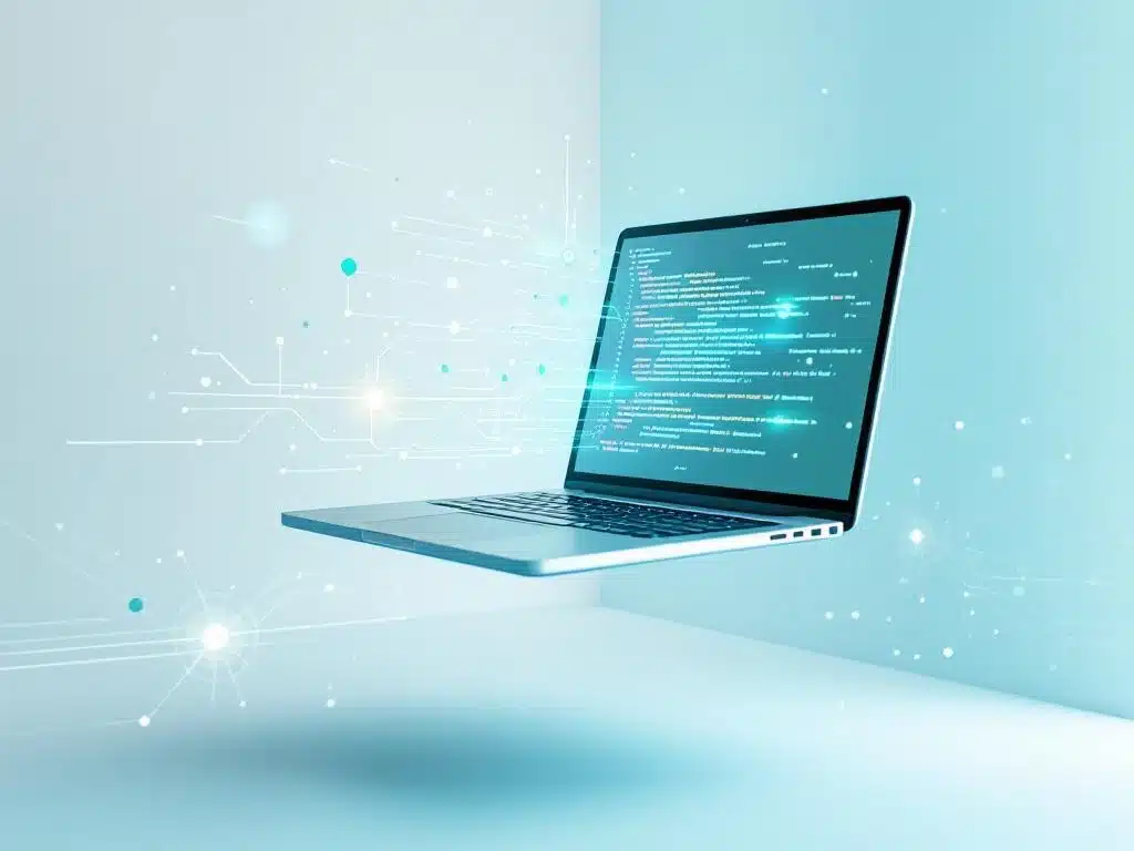 Laptop met gloeiende code op scherm, omringd door AI-symbolen en geometrische vormen in blauw-groene tinten