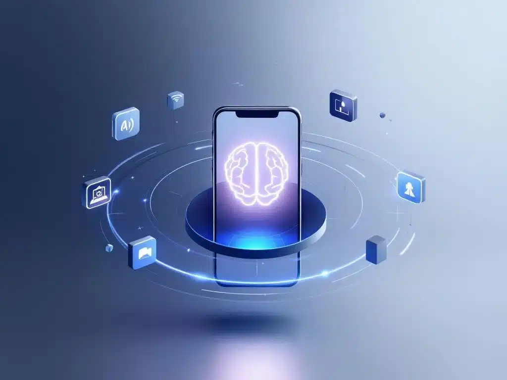 Smartphone met gloeiend AI-brein icoon omringd door zwevende app-elementen in blauw en wit op gradiënt achtergrond