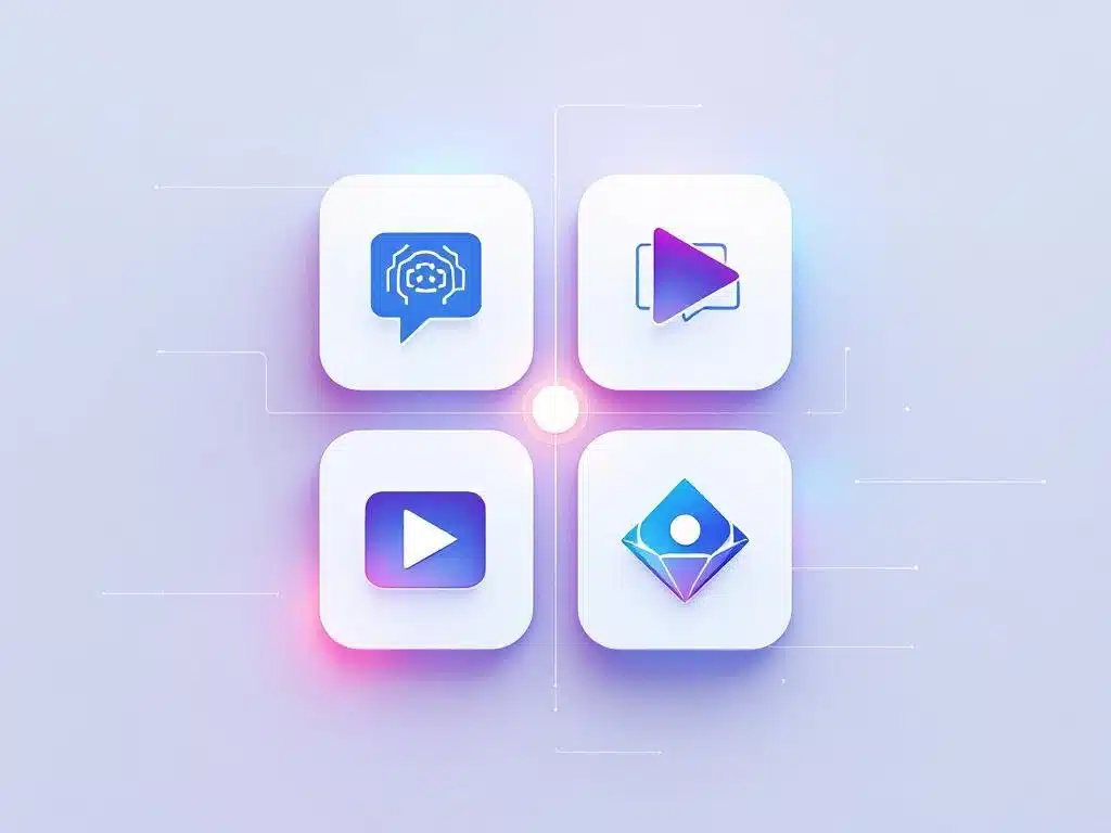 Vier geometrische AI-tool pictogrammen in grid-indeling met chat, brein, video en samenwerking symbolen op witte achtergrond