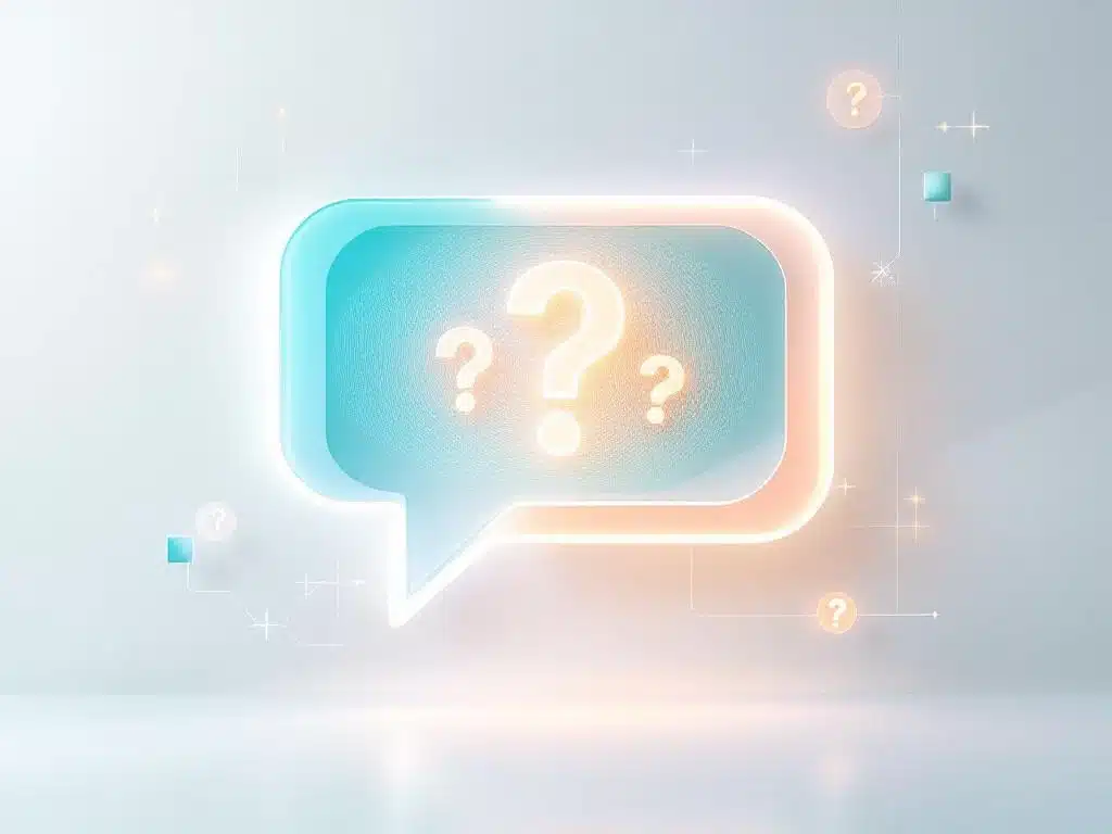 Grote blauwe chatbubbel met vraagtekens, omringd door geometrische vormen op witte achtergrond voor digitale communicatie