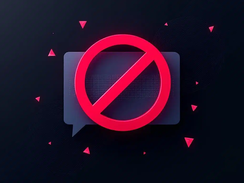 Rood verbodssymbool over ChatGPT-interface met waarschuwingsdriehoeken op donkerblauwe naar grijze achtergrond