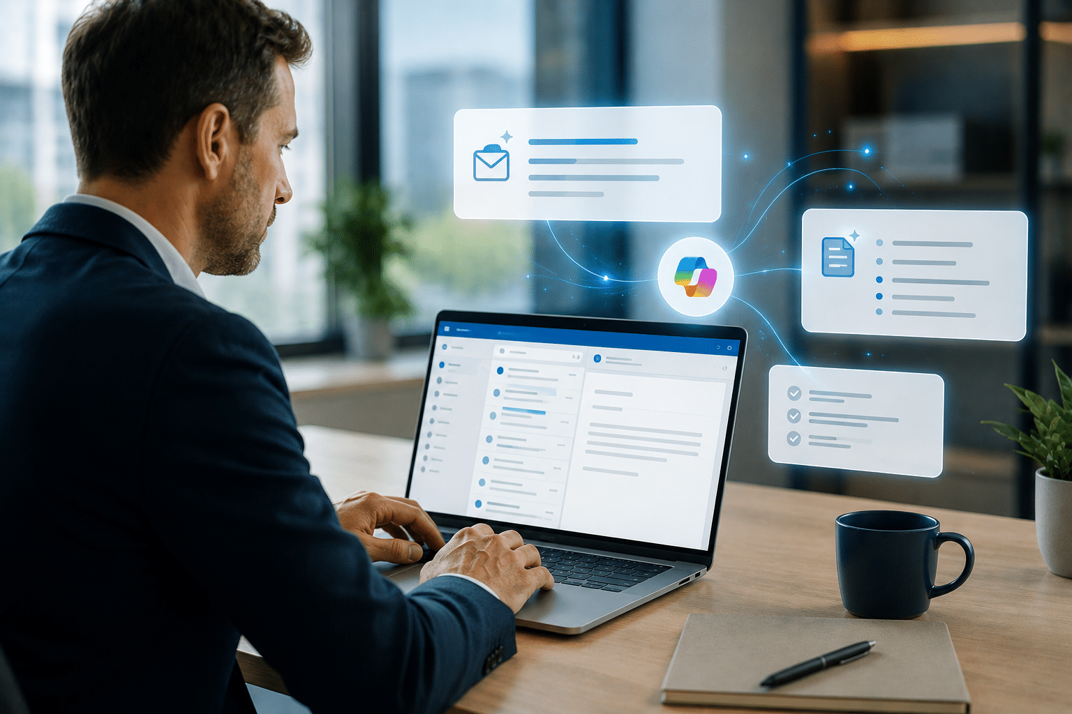Zakelijke professional werkt in Outlook met Microsoft Copilot, waarbij AI helpt met e-mailsuggesties, samenvattingen en actiepunten.