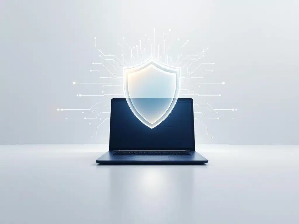 Blauw schild-icoon met circuit patronen en laptop silhouet op witte achtergrond, IT beveiliging concept