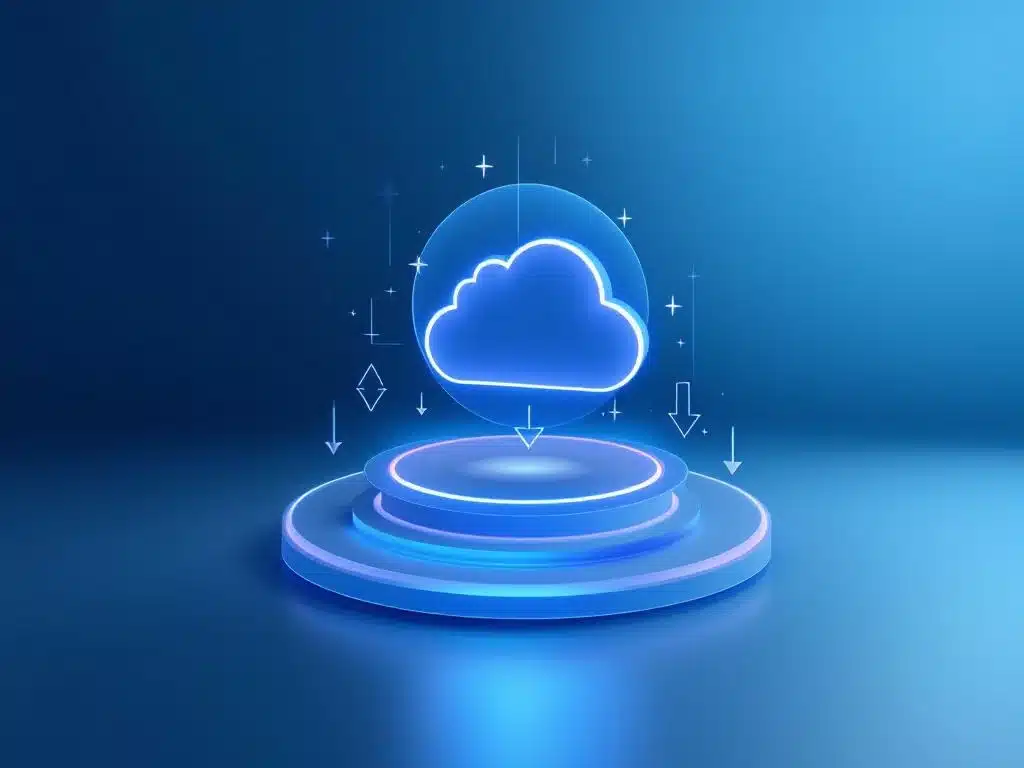 Microsoft Copilot-pictogram met downloadpijlen op blauwe achtergrond voor IT-training en cloud-connectiviteit