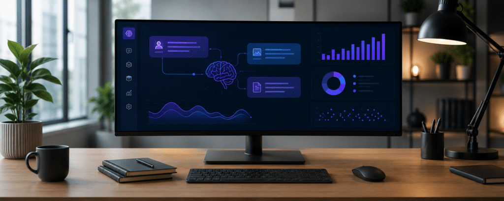 Modern bureau met groot beeldscherm waarop een abstract AI-dashboard met grafieken, promptblokken en blauwe en paarse lijnen te zien is.