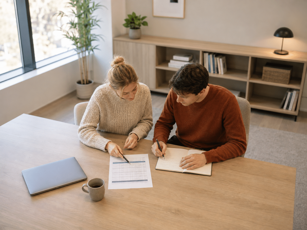 Trainer en cursist bespreken samen een uitgeprint schema in een licht en rustig kantoor, met een notitieblok en dichtgeklapte laptop op tafel.