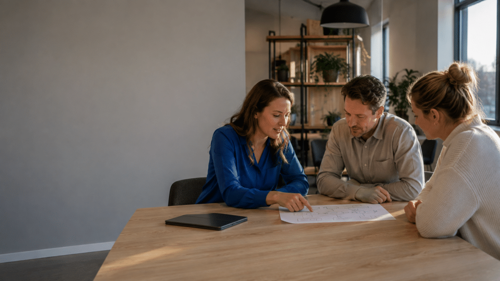Drie collega's bespreken aan een overlegtafel het ontwerp van een AI-systeem.