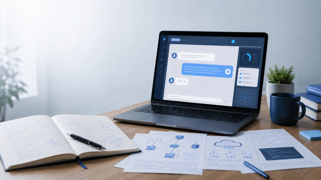 Rustige, moderne werkplek met een laptop waarop een generieke AI-chatinterface zichtbaar is, omringd door een open notitieboek, IT-diagrammen, een mok, boeken en een plant, als beeld van AI-ondersteund studeren voor een IT-examen.