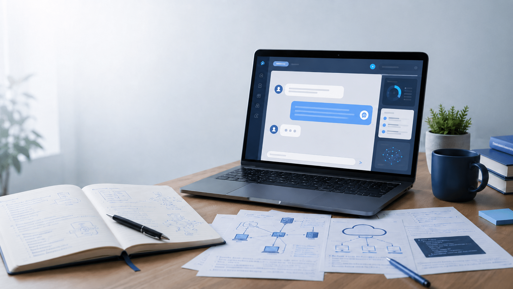 Rustige, moderne werkplek met een laptop waarop een generieke AI-chatinterface zichtbaar is, omringd door een open notitieboek, IT-diagrammen, een mok, boeken en een plant, als beeld van AI-ondersteund studeren voor een IT-examen.