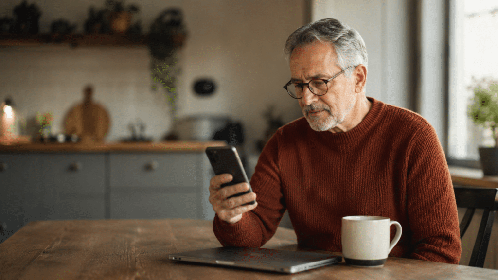 Man van in de zestig zit aan de keukentafel met een telefoon in zijn hand, naast een dichtgeklapte laptop en een kop koffie, in warm ochtendlicht.