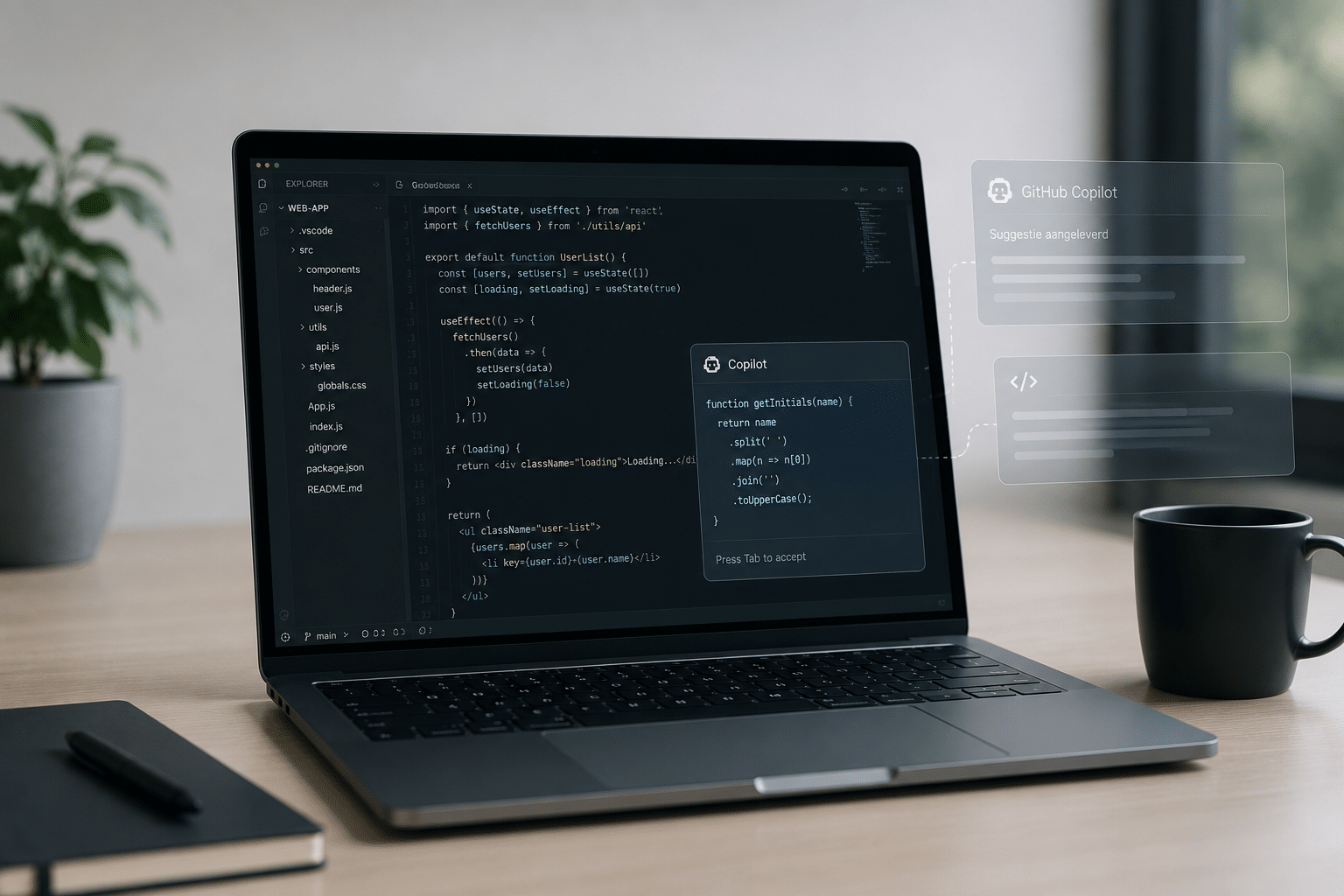 Een rustige, moderne werkplek met een laptop op een bureau waarop code zichtbaar is in een donkere editor. Naast het scherm zweven subtiele transparante AI-panelen die codesuggesties voorstellen, waardoor het beeld ondersteuning door Copilot laat zien zonder druk of futuristisch te ogen.