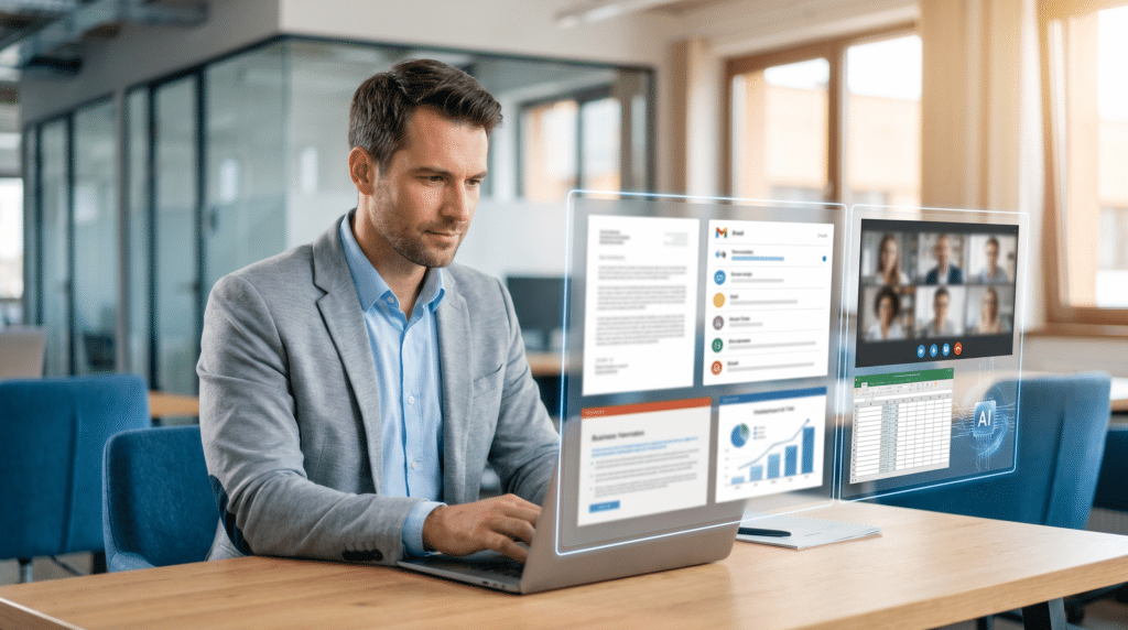 Zakelijke professional werkt op een laptop met digitale schermen voor documenten, e-mail, videovergaderingen, spreadsheets en AI-ondersteuning.