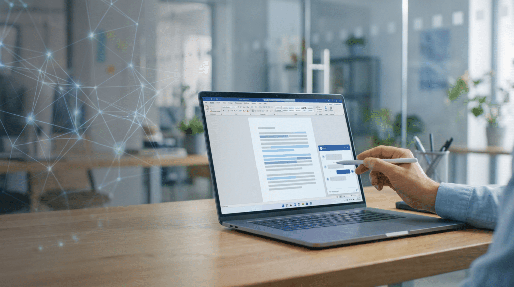 Laptop met digitaal document en AI-interface, waarbij een tekst handmatig wordt gecontroleerd op verantwoord AI-gebruik.
