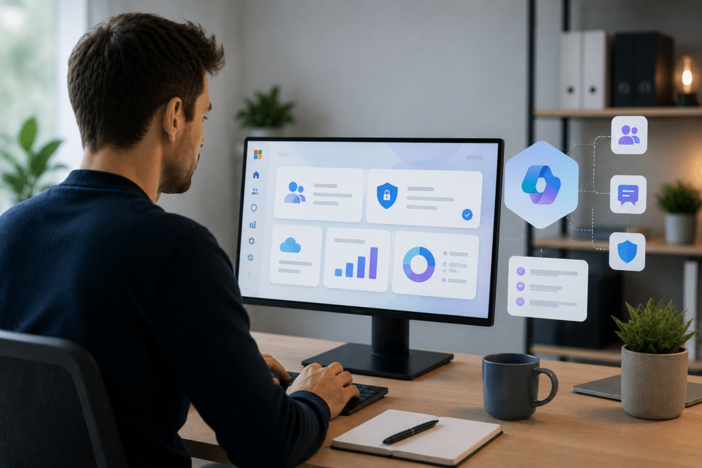 Een IT-professional werkt in een rustig, modern kantoor aan een groot scherm met een abstracte beheerinterface voor Microsoft 365. Naast het scherm zweven subtiele visuele elementen die AI, beveiliging en samenwerking suggereren, terwijl het bureau netjes en professioneel is ingericht.