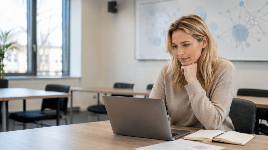 Blonde vrouw volgt een AI-cursus in een rustig klaslokaal en vergelijkt cursusinformatie achter haar laptop, met abstracte AI-diagrammen op de achtergrond.
