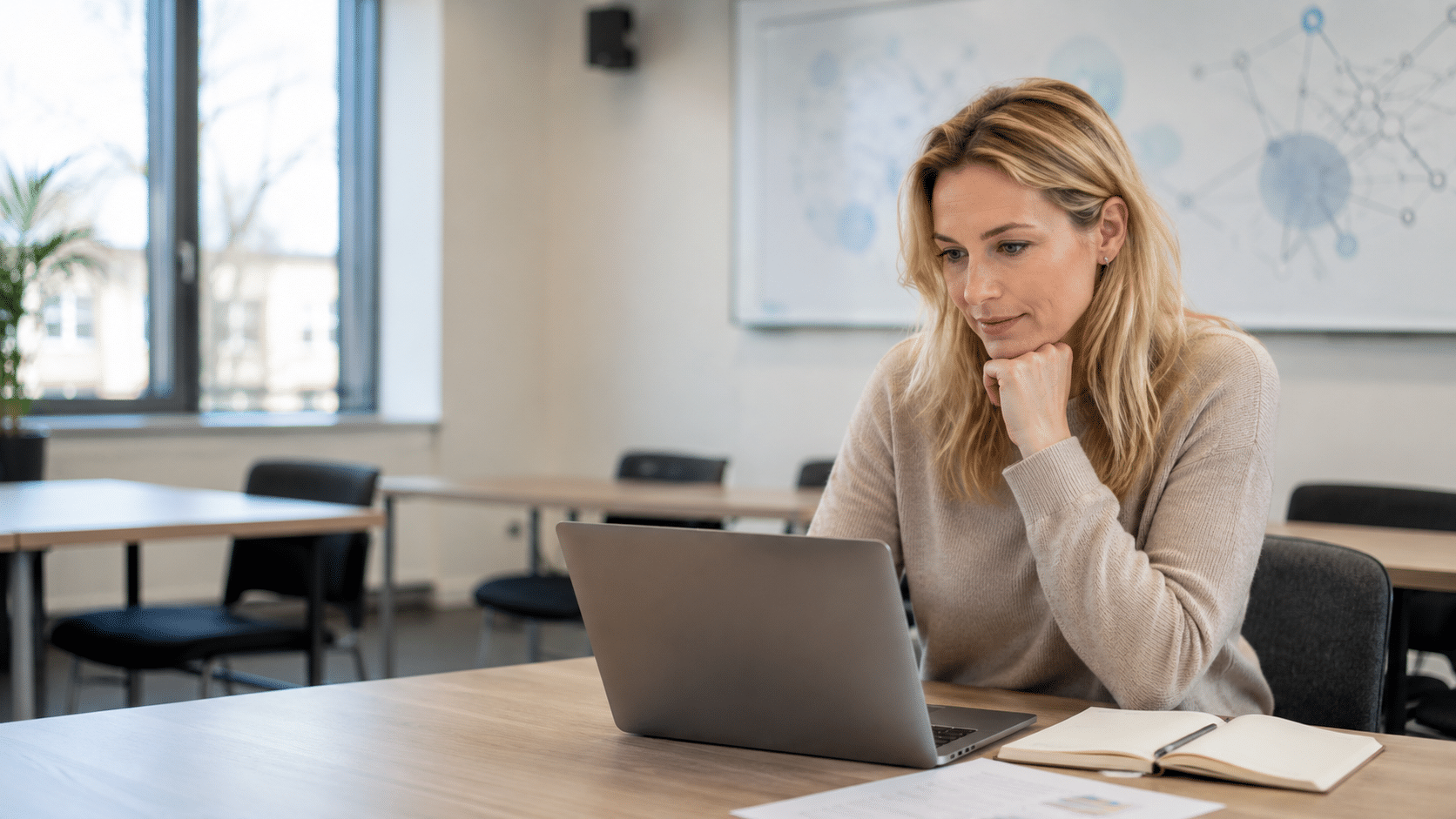 Blonde vrouw volgt een AI-cursus in een rustig klaslokaal en vergelijkt cursusinformatie achter haar laptop, met abstracte AI-diagrammen op de achtergrond.