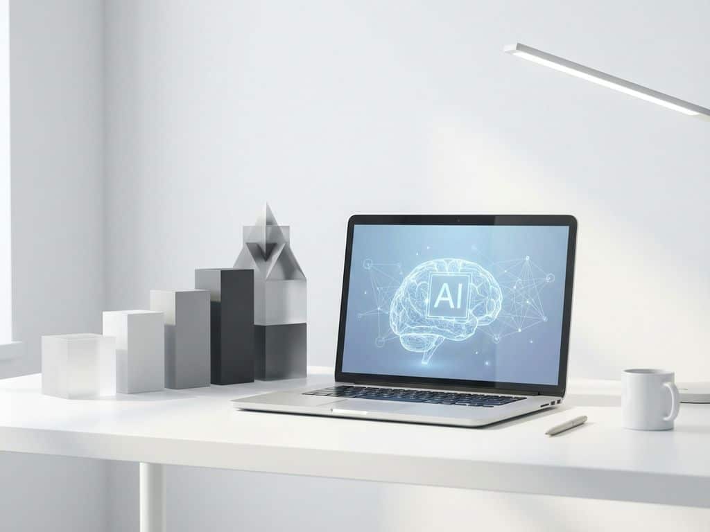 Laptop met AI-interface op wit bureau omringd door geometrische leerblokken in oplopende volgorde, minimalistisch design