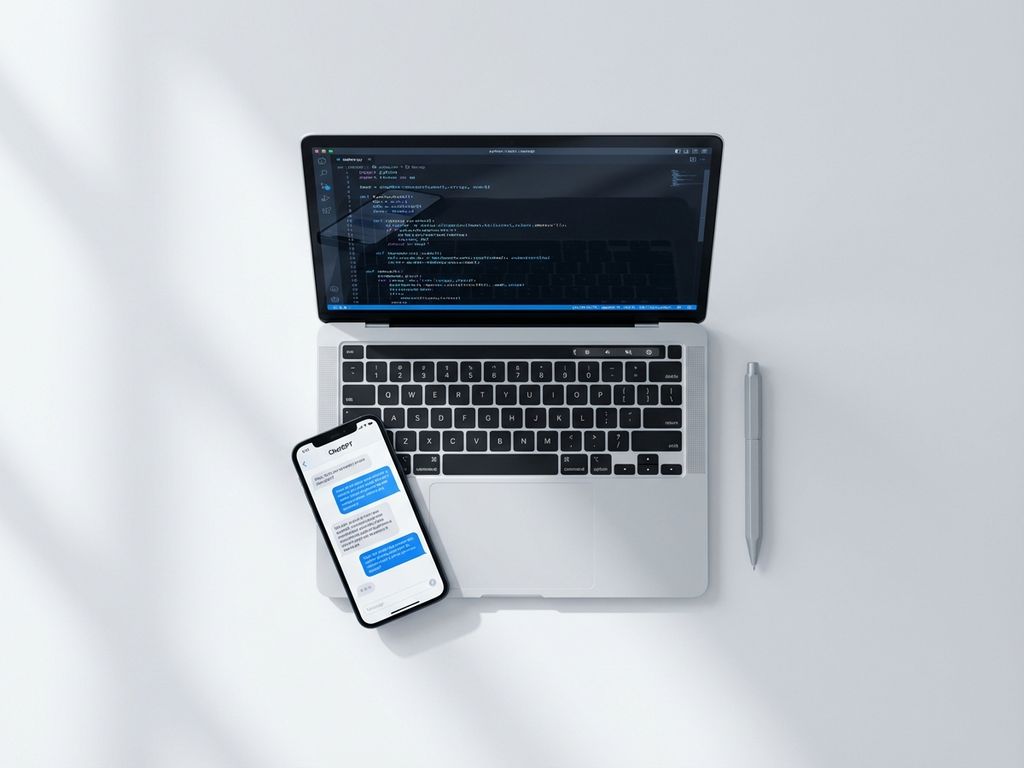 Laptop met code op scherm en smartphone met ChatGPT-interface op wit bureau, minimalistische werkplek van bovenaf gefotografeerd