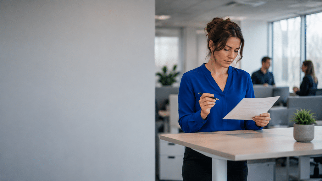 Medewerker in kobaltblauwe blouse leest bij een sta-bureau in een lichte kantoortuin een uitgeprint blad met een pen in haar hand, zonder scherm in beeld.