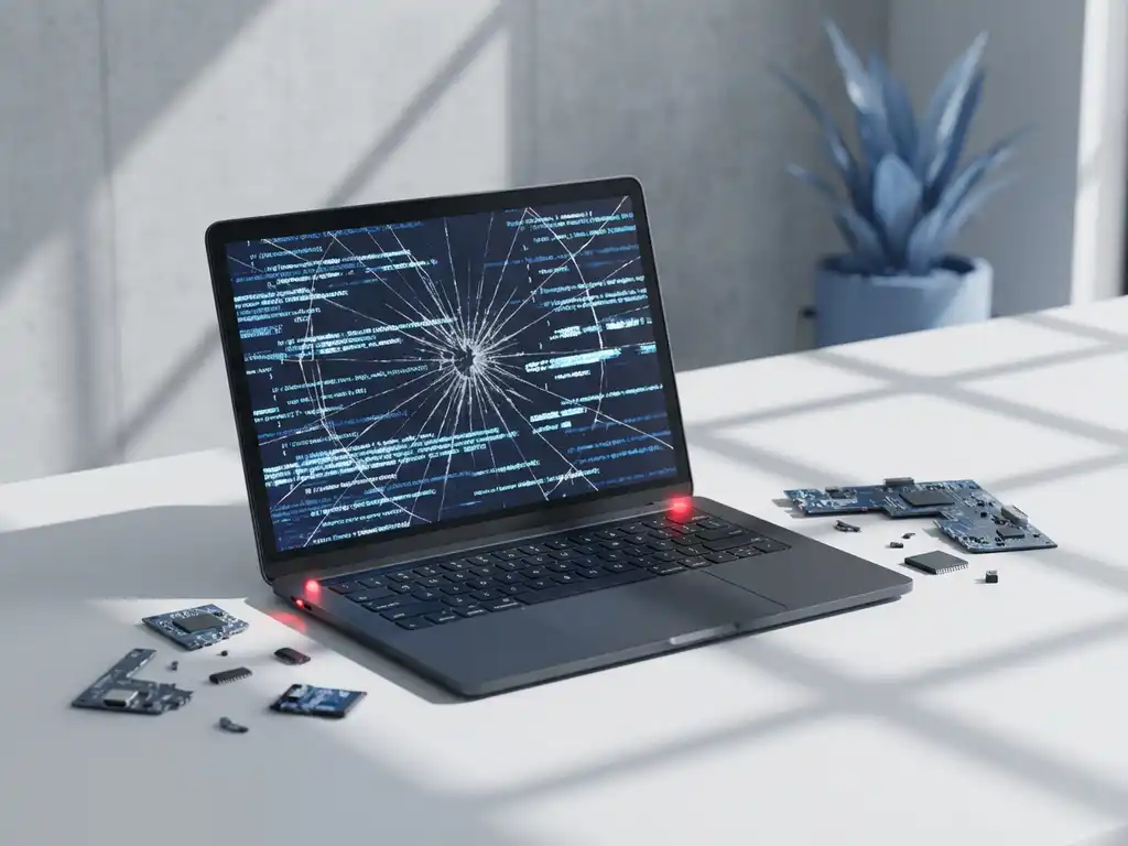 Laptop met gebarsten scherm en rode waarschuwingslamp op wit bureau in minimalistisch kantoor