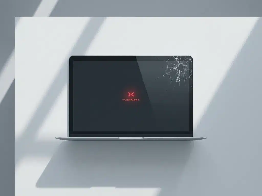 Laptop met gebarsten scherm toont rode waarschuwingsmelding op wit bureau, bovenaanzicht met geometrische schaduwen