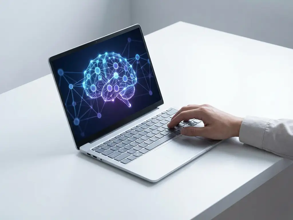 Moderne laptop toont gloeiend neuraal netwerk op scherm, hand raakt toetsenbord aan op witte bureau