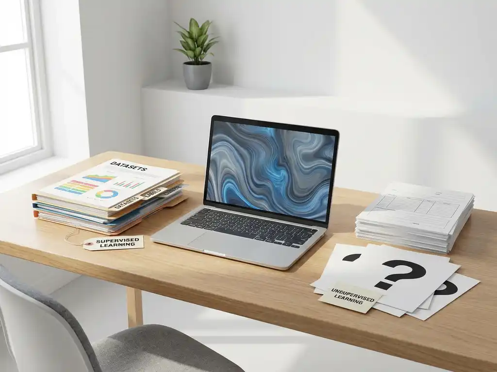 Laptop tussen twee stapels papier op houten bureau toont gegevenspatronen voor machine learning concepten