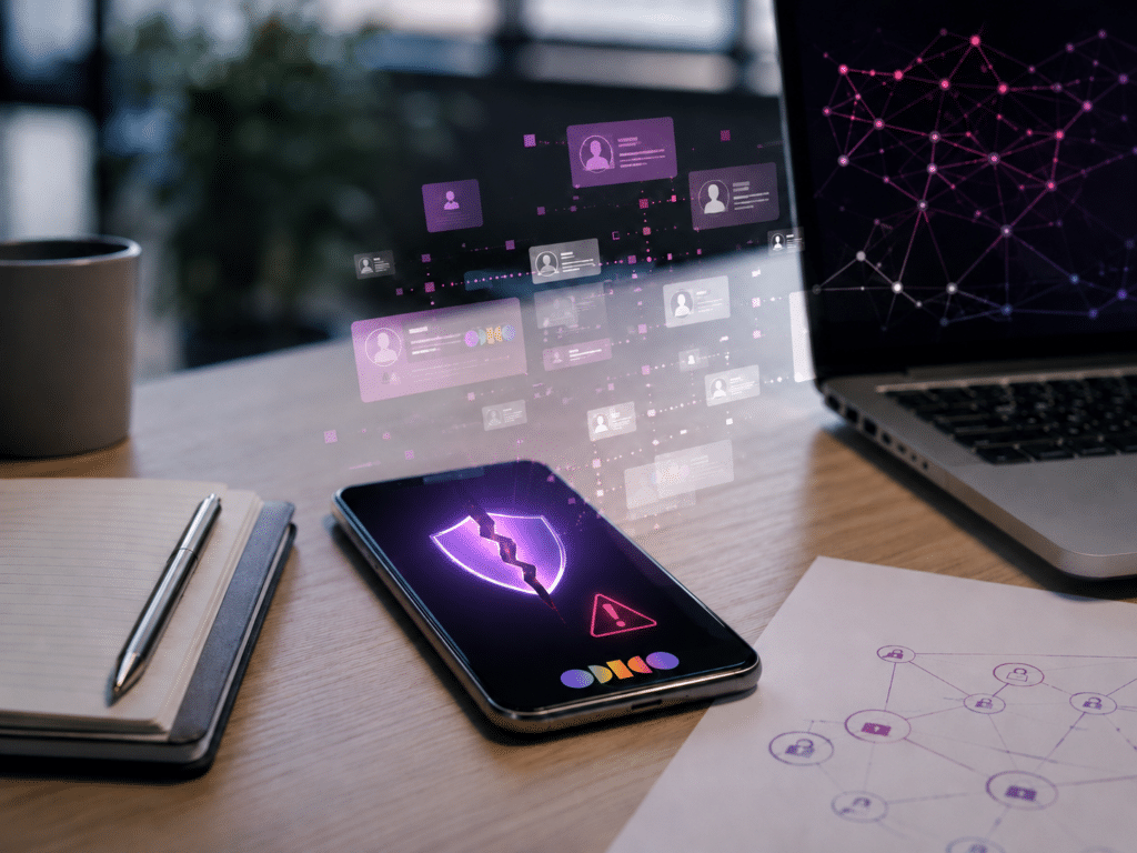 Smartphone met Odido-logo en waarschuwing voor een datalek, omringd door digitale klantgegevens en een laptop met netwerkvisualisatie.