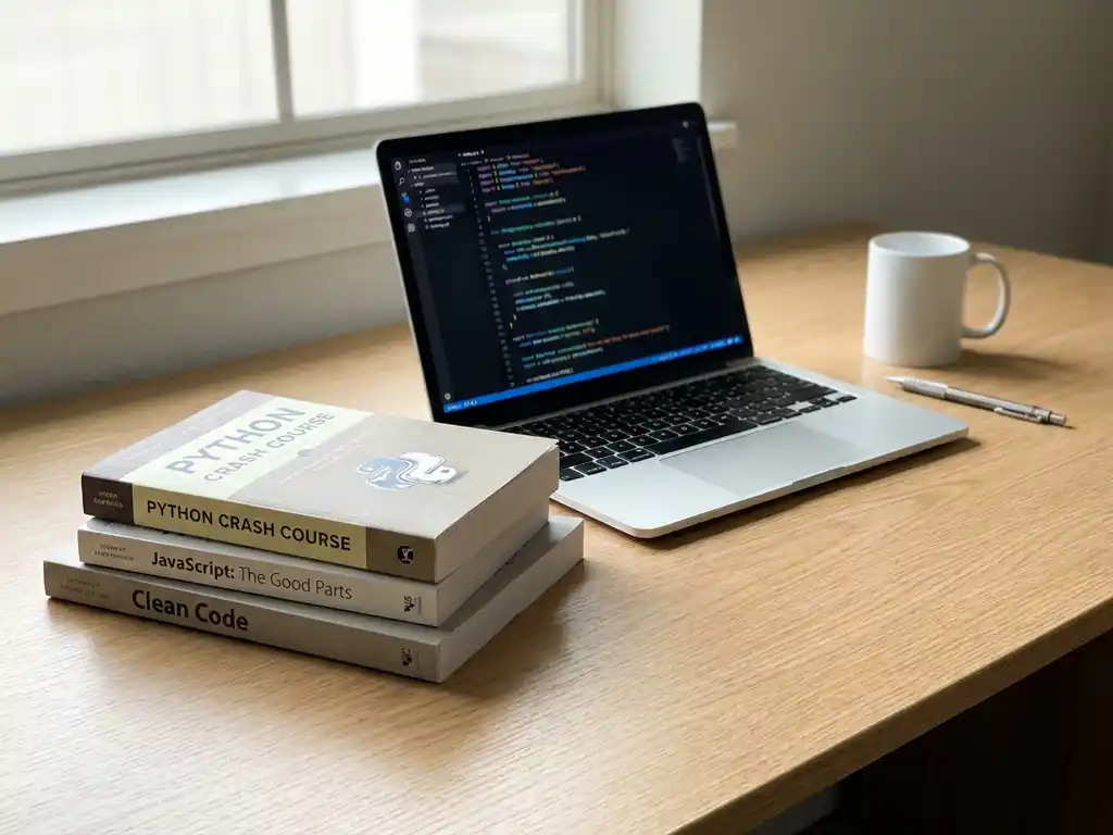 Laptop met kleurrijke code op houten bureau met programmeerboeken, koffiekopje en potlood in minimalistisch werkruimte