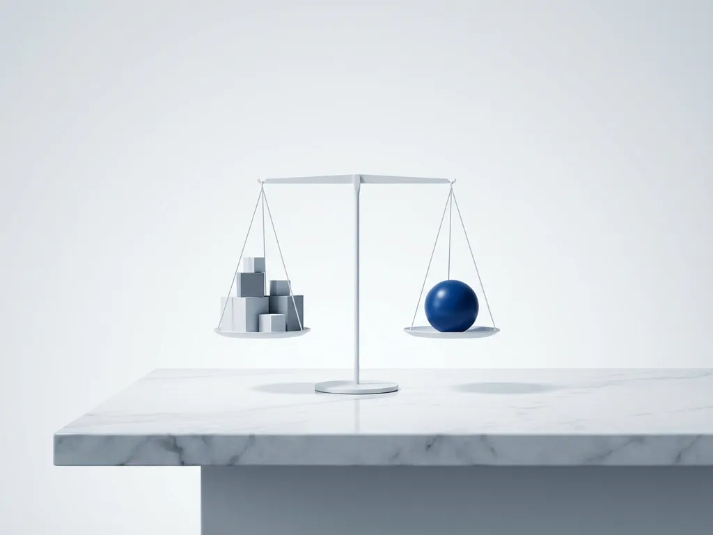 Witte weegschaal in evenwicht met geometrische kubussen en bol op marmeren oppervlak, minimalistische compositie