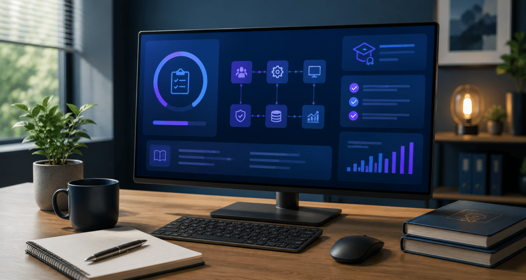 Modern bureau met scherm waarop een abstract ITIL 5 Foundation examendashboard met checklist, voortgangsbalken en procesblokken te zien is.