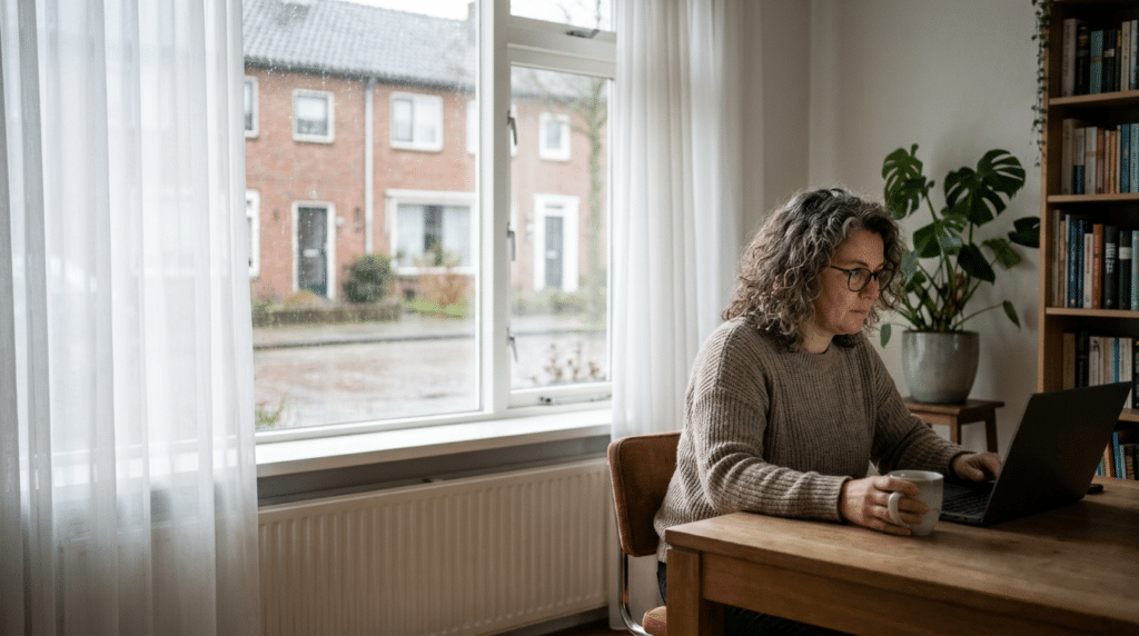 Vrouw studeert thuis op een laptop aan een houten tafel in een rustige Nederlandse woonkamer met uitzicht op rijtjeshuizen.