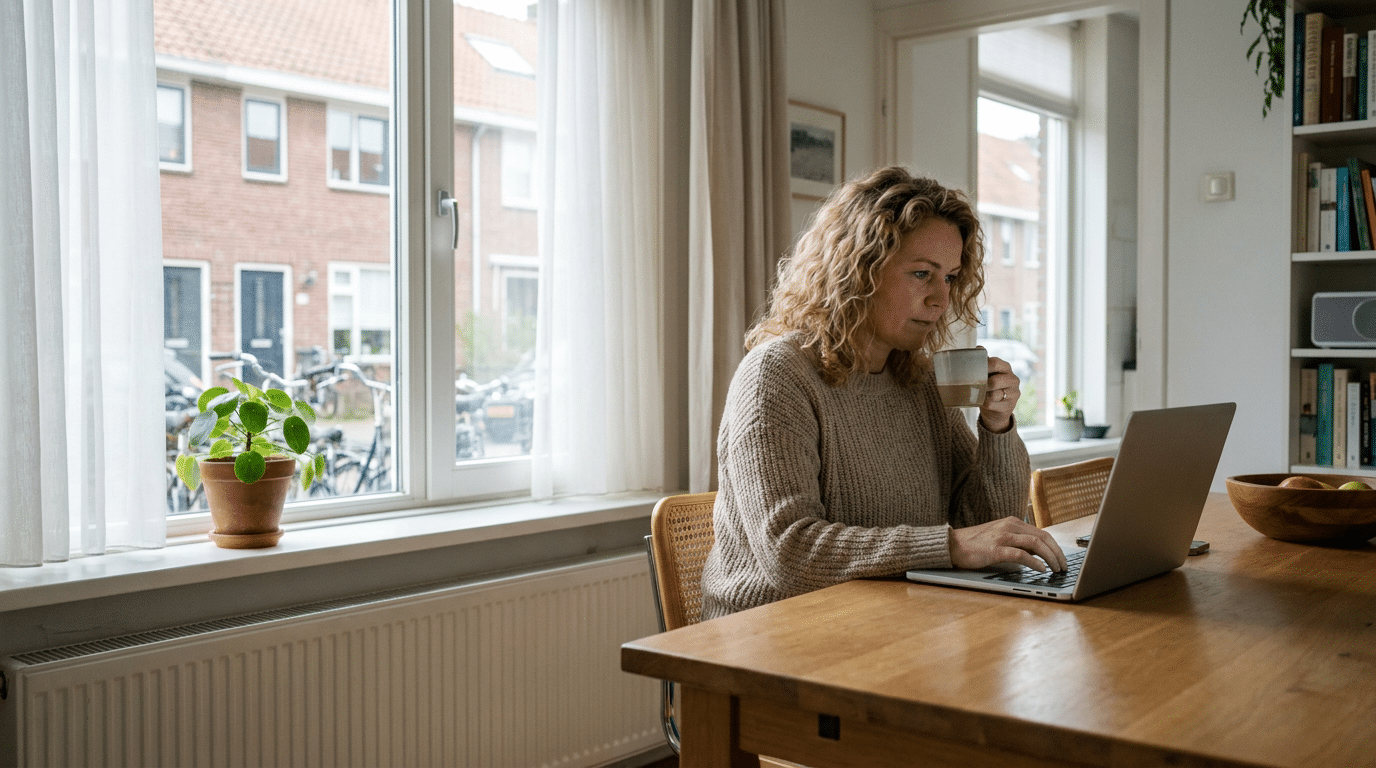 Vrouw volgt thuis een zelfstudie op haar laptop in een lichte Nederlandse woonkamer met planten en uitzicht op de straat.
