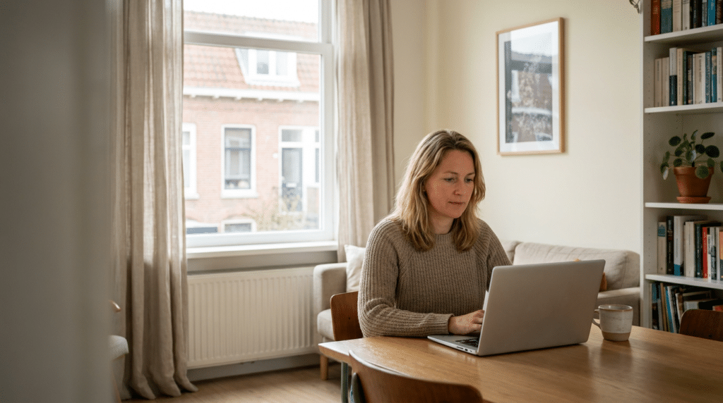 Vrouw werkt geconcentreerd op een laptop aan de eettafel in een huiselijke woonkamer met bank, boekenkast en daglicht.