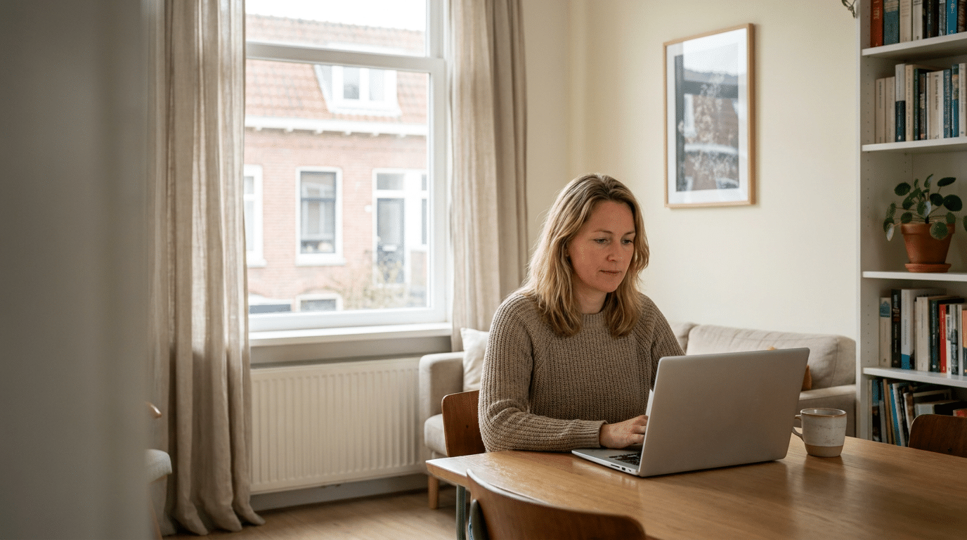 Vrouw werkt geconcentreerd op een laptop aan de eettafel in een huiselijke woonkamer met bank, boekenkast en daglicht.