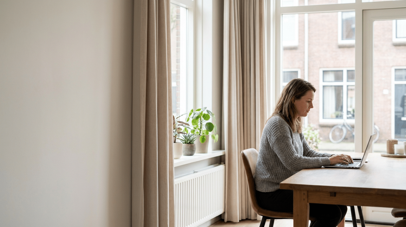 Vrouw studeert thuis op een laptop aan een houten eettafel in een lichte woonkamer met grote ramen en rustige inrichting.