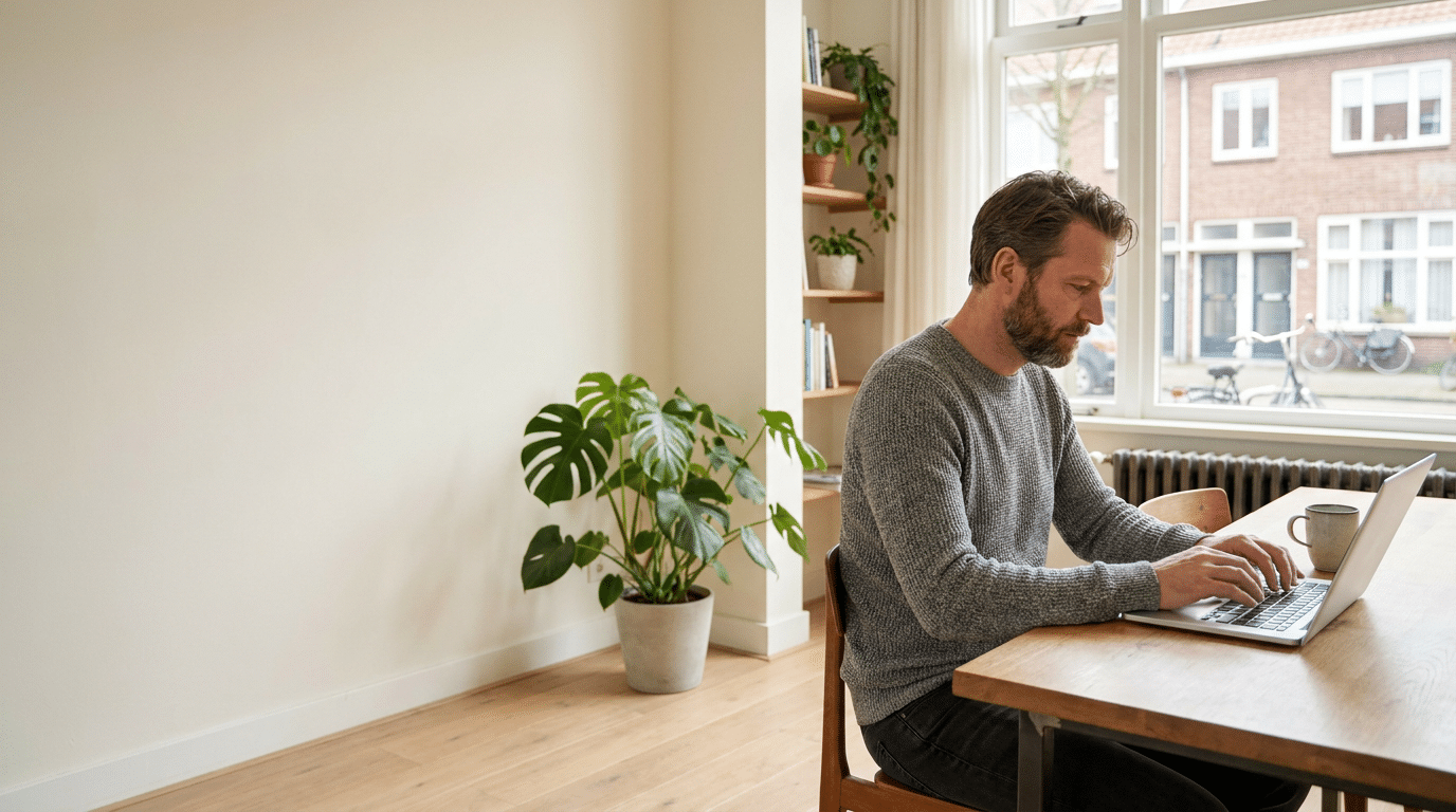 Man studeert thuis op een laptop in een rustige Nederlandse woonkamer met planten, houten vloer en uitzicht op rijtjeshuizen.