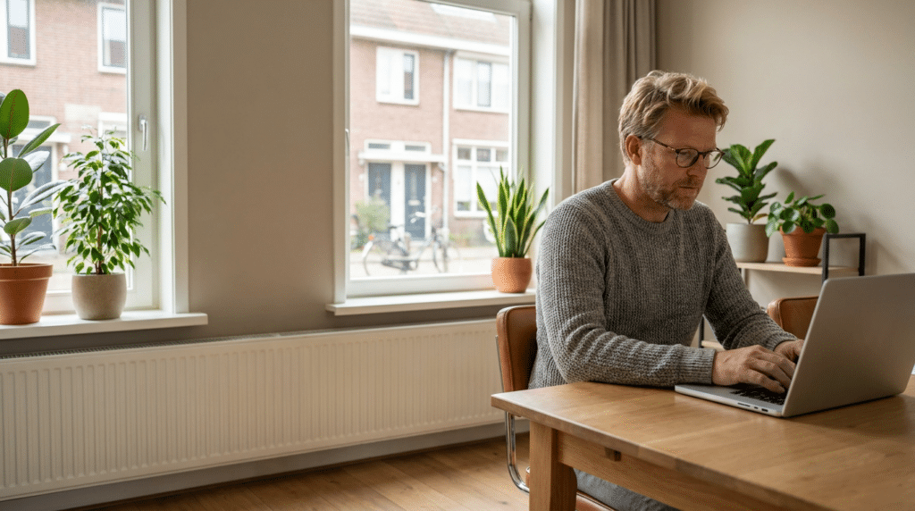 Man werkt geconcentreerd op een laptop aan een houten tafel in een lichte Nederlandse woning met planten en grote ramen.