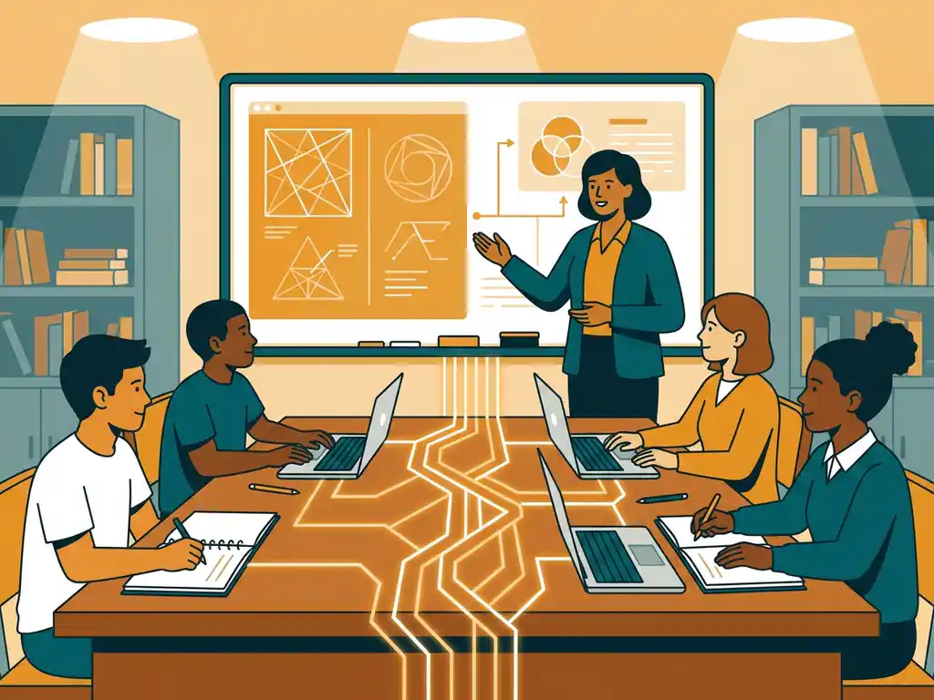 Leraar bij digitaal schoolbord begeleidt diverse leerlingen terwijl geometrische AI-patronen door lesmateriaal weven in moderne klas.