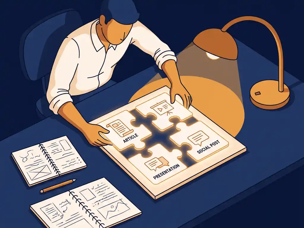Professional aan bureau die gloeiende puzzelstukken ordent tot contentformaten zoals artikelen, presentaties en social posts, verlicht door warme bureaulamp.