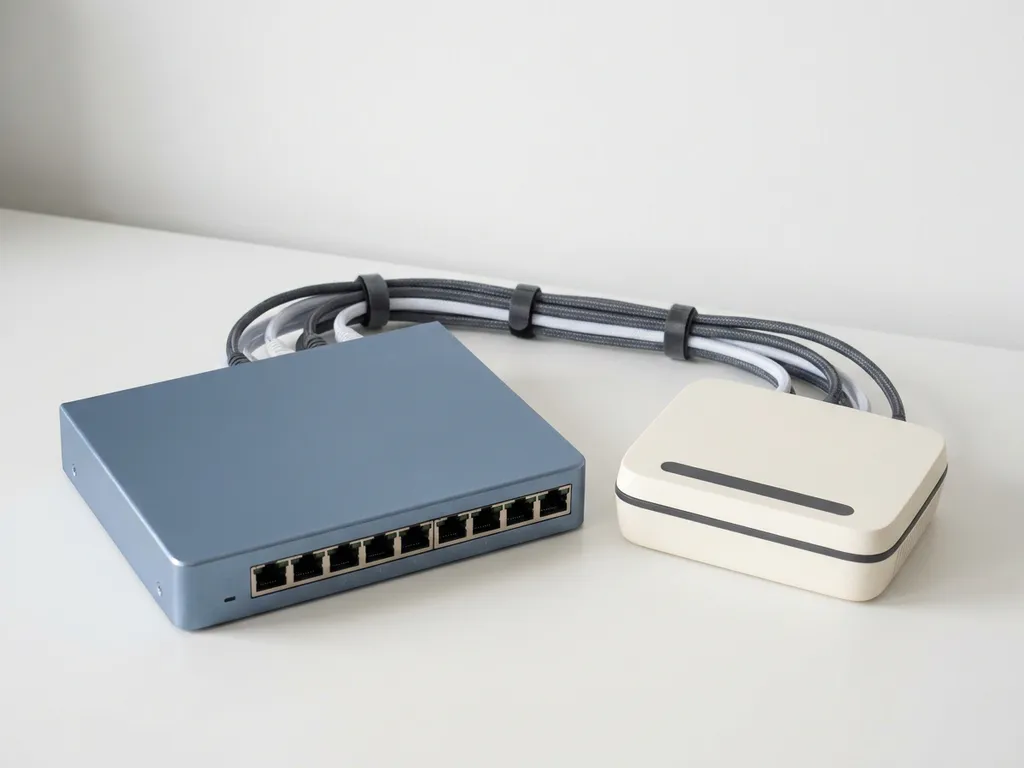 Netwerkswitch en router naast elkaar op wit bureau, kabels netjes georganiseerd, zacht diffuus licht.