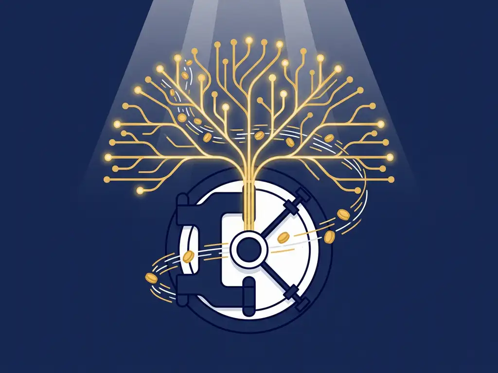 Gouden neuraal netwerk als boom boven bankkluis met stromende datadeeltjes en munten, vector illustratie in marineblauw en goud.