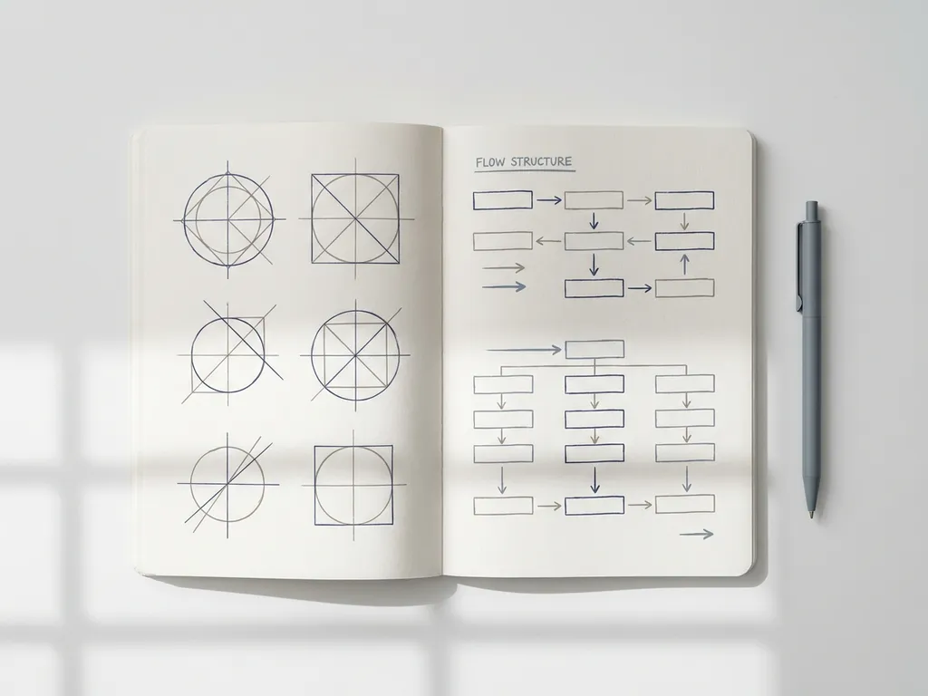 Opengeslagen notitieboek met geometrische diagrammen en stroomschema's op wit bureau, pen ernaast, zachte architectonische schaduw.