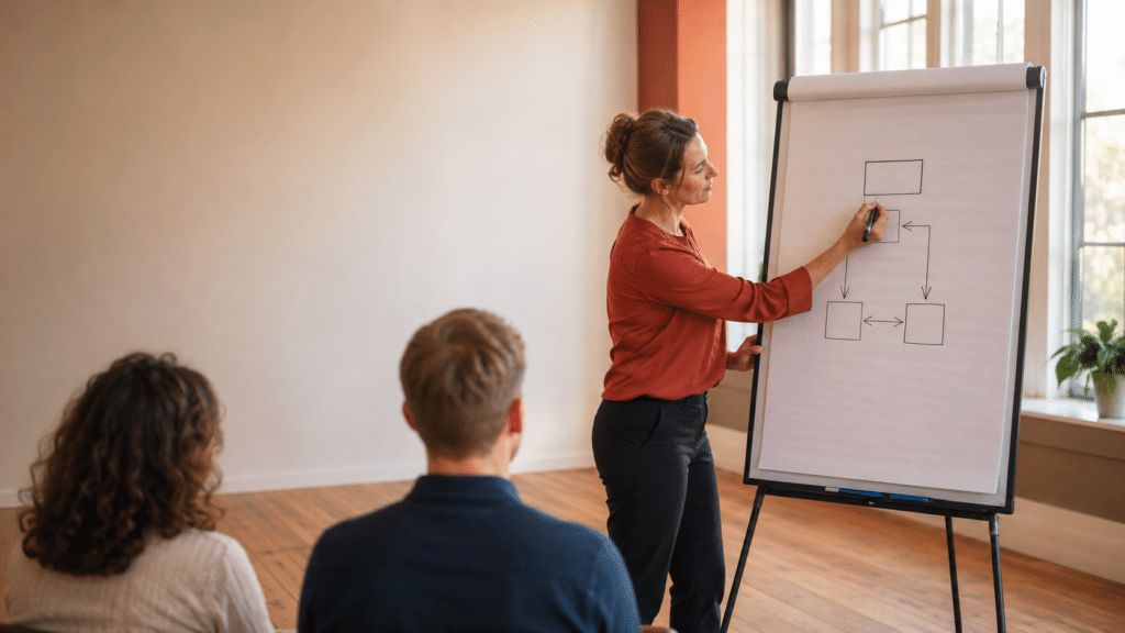 Bannerconcept (16:9) Afwijking van de laatste vijf beeldlogregels — zes van zes assen: persoon (vrouw i.p.v. man), setting (trainingsruimte bij flip-over i.p.v. bureau bij raam), compositie (wijd, staand i.p.v. frontaal/zij zittend), palet (uitgesproken terracotta kleuraccent i.p.v. donkerblauw/antraciet), activiteit (uitleggen/tekenen i.p.v. typen/denken), props (marker en flip-over, géén laptop). Artlist-prompt (Engels): Ultra-realistic editorial photograph, wide 16:9 full-frame composition. A woman in her late thirties wearing a terracotta blouse stands beside a large flip-over sheet in a bright training room, drawing a simple hand-sketched diagram of boxes and arrows with a marker. She looks at the sheet, not at the camera. Anatomically correct hands, five fingers, natural relaxed grip on the marker. Two seated participants visible softly out of focus in the lower left foreground, seen from behind. Soft warm daylight from large windows on the right, neutral wooden floor, calm muted interior. Shot on 35mm lens at f/2.8, natural documentary feel, shallow depth of field on the background. Deliberate negative space in the upper left third for a title overlay. No glowing holograms, no robots or humanoid AI, no blue neon, no circuit-board or binary-code overlays, no brain graphics, no futuristic UI, no visible brand logos or app interfaces, no readable on-screen text, no distorted or extra fingers, no watermark, no added text, no oversaturated colors, no staged stocky smiles. Alt-tekst: Trainer in terracotta blouse tekent een eenvoudig schema op een flip-over in een lichte trainingsruimte, met twee deelnemers op de rug op de voorgrond.