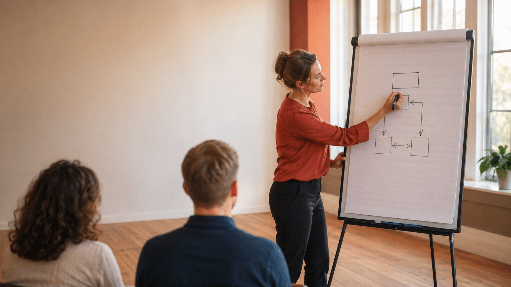 Bannerconcept (16:9) Afwijking van de laatste vijf beeldlogregels — zes van zes assen: persoon (vrouw i.p.v. man), setting (trainingsruimte bij flip-over i.p.v. bureau bij raam), compositie (wijd, staand i.p.v. frontaal/zij zittend), palet (uitgesproken terracotta kleuraccent i.p.v. donkerblauw/antraciet), activiteit (uitleggen/tekenen i.p.v. typen/denken), props (marker en flip-over, géén laptop). Artlist-prompt (Engels): Ultra-realistic editorial photograph, wide 16:9 full-frame composition. A woman in her late thirties wearing a terracotta blouse stands beside a large flip-over sheet in a bright training room, drawing a simple hand-sketched diagram of boxes and arrows with a marker. She looks at the sheet, not at the camera. Anatomically correct hands, five fingers, natural relaxed grip on the marker. Two seated participants visible softly out of focus in the lower left foreground, seen from behind. Soft warm daylight from large windows on the right, neutral wooden floor, calm muted interior. Shot on 35mm lens at f/2.8, natural documentary feel, shallow depth of field on the background. Deliberate negative space in the upper left third for a title overlay. No glowing holograms, no robots or humanoid AI, no blue neon, no circuit-board or binary-code overlays, no brain graphics, no futuristic UI, no visible brand logos or app interfaces, no readable on-screen text, no distorted or extra fingers, no watermark, no added text, no oversaturated colors, no staged stocky smiles. Alt-tekst: Trainer in terracotta blouse tekent een eenvoudig schema op een flip-over in een lichte trainingsruimte, met twee deelnemers op de rug op de voorgrond.
