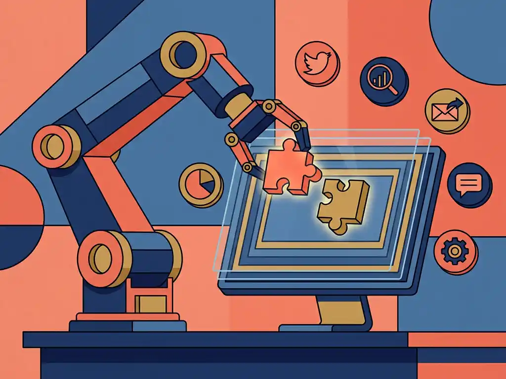 Robotarm plaatst gloeiende puzzelstukjes in een digitaal marketingdashboard, omringd door social media- en analyticspictogrammen.